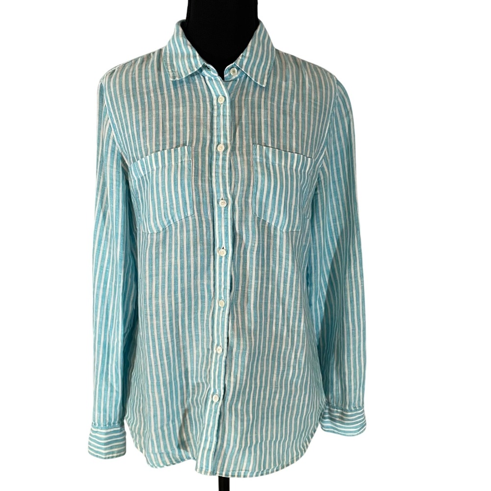 Talbots Womens Small Linen Button Down Shirt Striped Turquoise White Long Sleeve